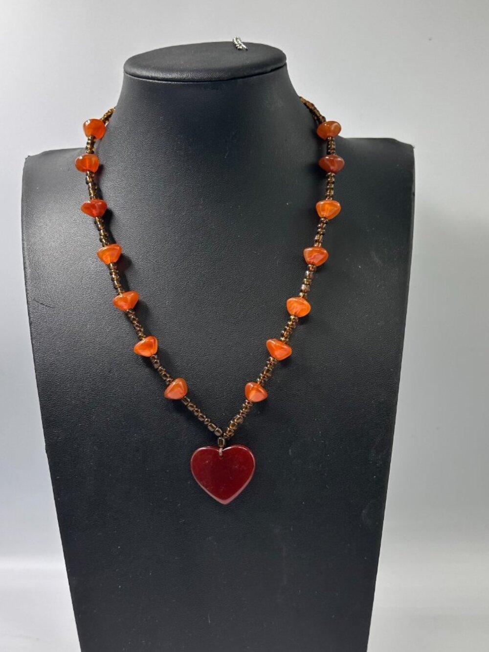 3/$30 Beaded Heart Pendant Necklace Orange Stone Chips Brown Seed Beads Boho